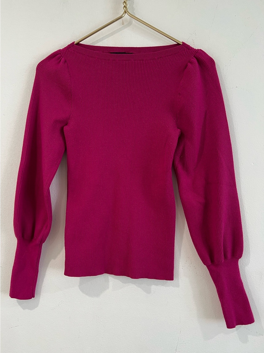 ANN TAYLOR Fuchsia Ribbed Puff-Sleeve crystal buttons Sweater S
